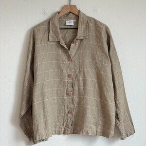 Vintage Hot Cotton Button Down Shirt Linen Windowpane Plaid Coastal Minimalist L
